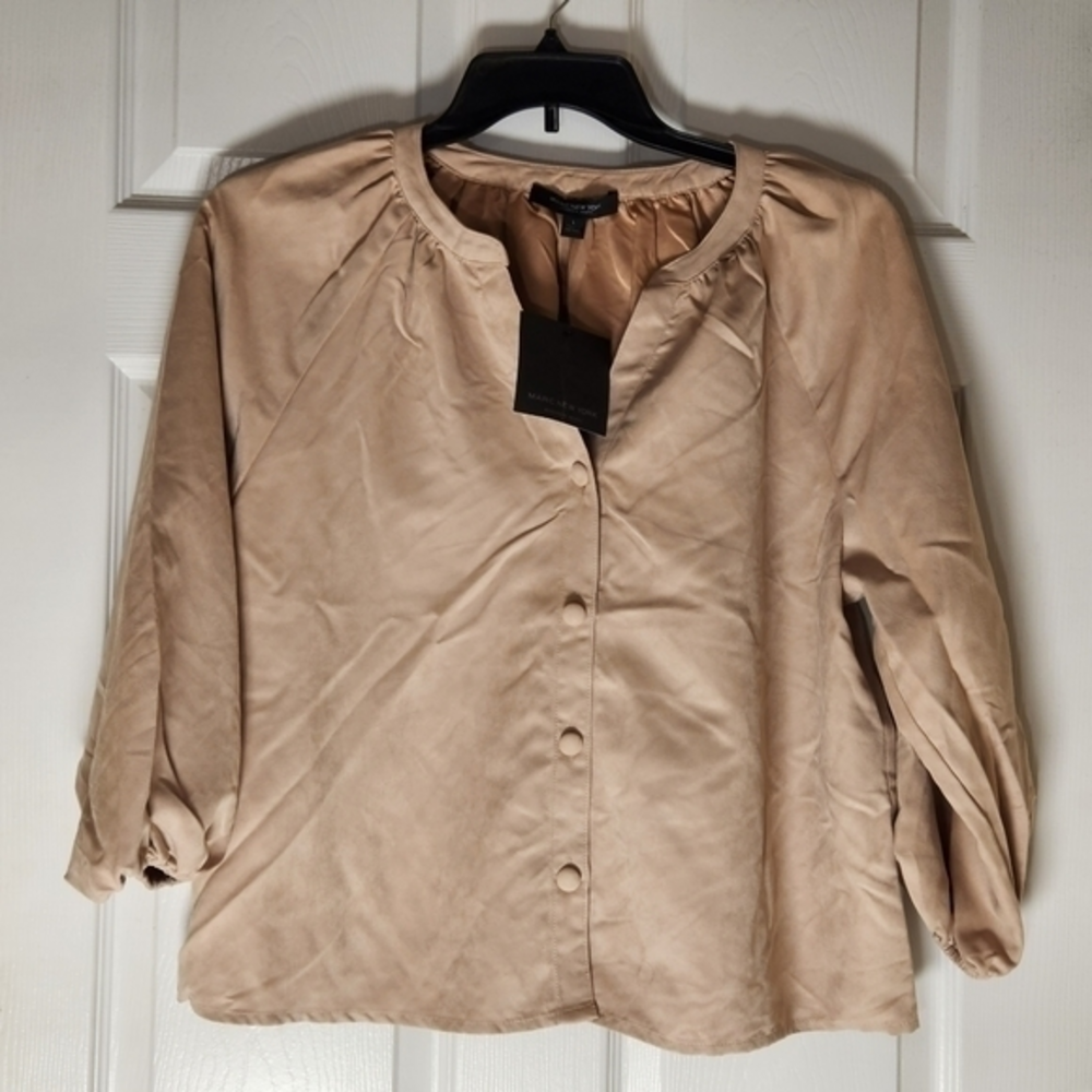NWT Marc New York Suede Feeling Poly Blouse Large Puff 3/4 Sleeve Lined Inside